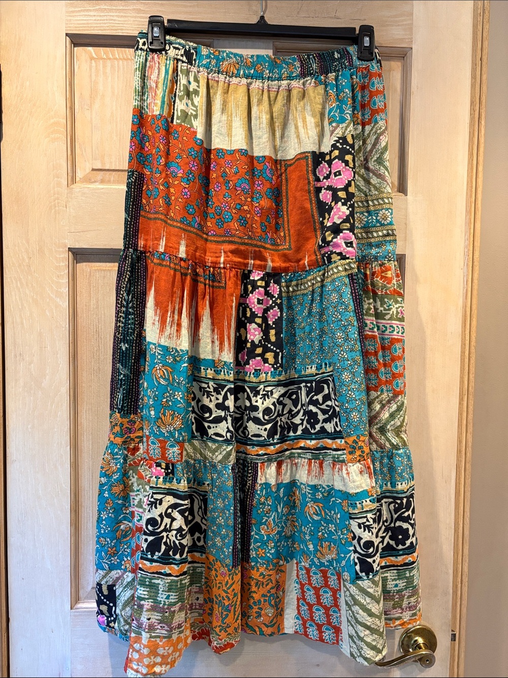 Reversible Boho Patchwork Tiered Maxi Skirt - Teal & Orange Floral 2X